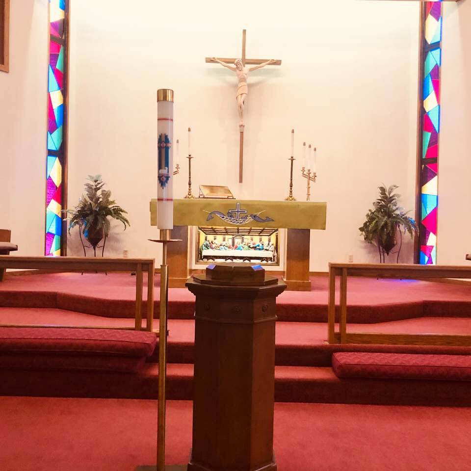 Stained glass depicting the crucifixion of Jesus Christ, on Wednesday, July 27, 2022, at Trinity Lutheran Church, Mobile, Ala. LCMS Communications/Erik M. Lunsford